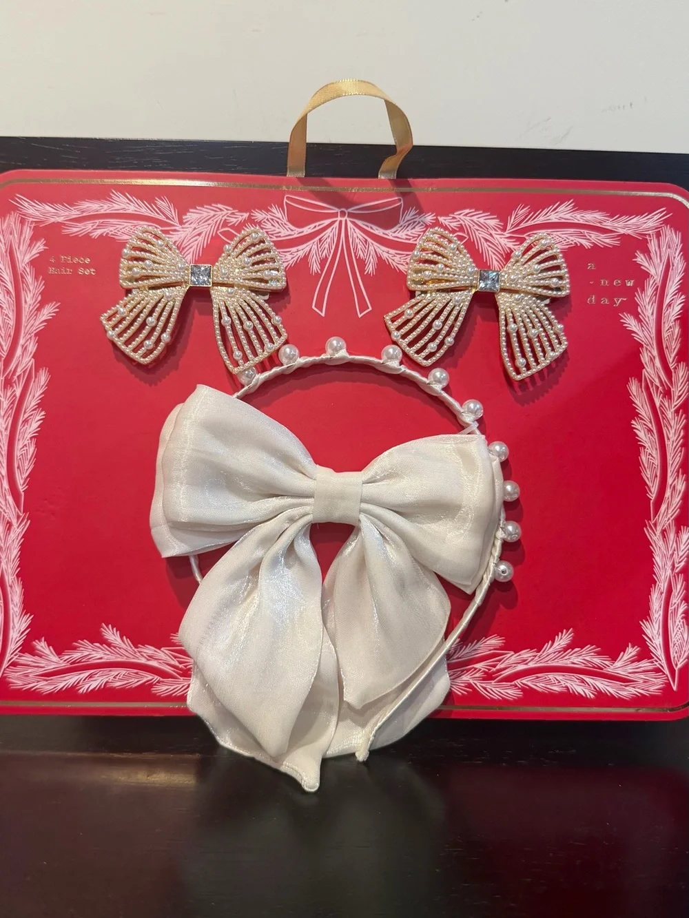 a new day Ivory Pearl Bow Headband with Gold Beaded Bow Clips Set
